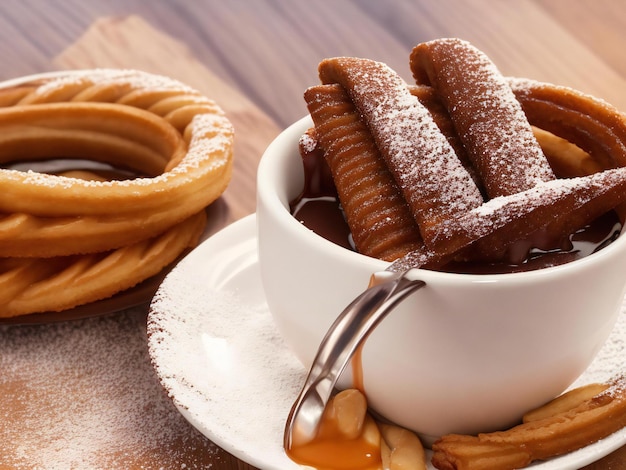 Zdjęcie churros deser z kawą i czekoladą ai generowane