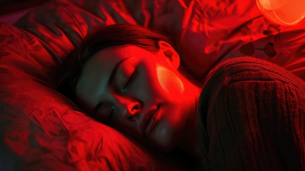 Chwila spokoju młodej dziewczyny śpiącej wśród delikatnego blasku czerwonego i niebieskiego światła oddaje esencję spokojnego snu