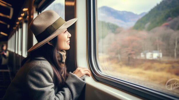 Chwila spokoju rozwija się, gdy kobieta wyrusza w samotną podróż pociągiem. Jej spokojny uśmiech.