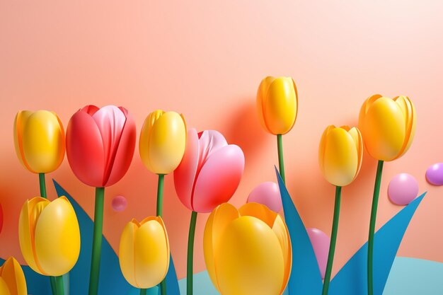 Ciągle życie wiosennych kwiatów tulipanów na kolorowym tle i kształty estetyczny wygląd