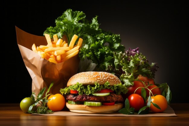 Zdjęcie ciągle życie z fast food menu hamburger i frytki ozdobione świeżymi warzywami zielenią kwiaty i