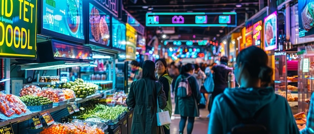 Ciągły rynek biotechnologiczny oświetlony neonem sprzedający genetycznie zmodyfikowane superfoody pełen kupców i holograficznych znaków
