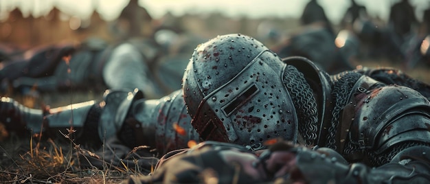 Ciało zmarłych średniowiecznych rycerzy leżących na polu bitwy Zmarli wojownicy Żołnierze polegli w konfliktach Wojna podbojowa Wojna i kolonizacja Dramatyczna odtwarzanie historyczne w kinematograficznym dramatzie