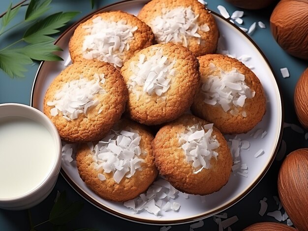 Zdjęcie ciasteczka z kokosem i filiżanka mleka na talerzu generatywny ai