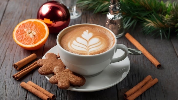 Ciasteczka z piernika filiżanka kawy świąteczny napój noworoczny pomarańcze cynamon