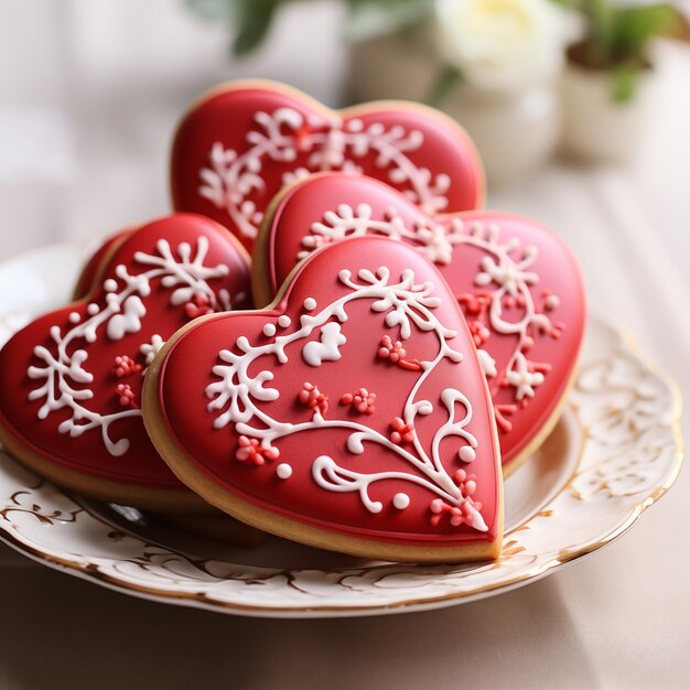 Ciasteczko w kształcie serca z czerwonym glazurą na stole na Święto Walentynek