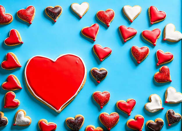 Zdjęcie ciasteczko w kształcie serca z czerwonymi sercami na niebieskim tle