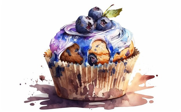 Ciastko muffin rysowane jagody na białym tle akwarela ilustracje ciasta ai generowane