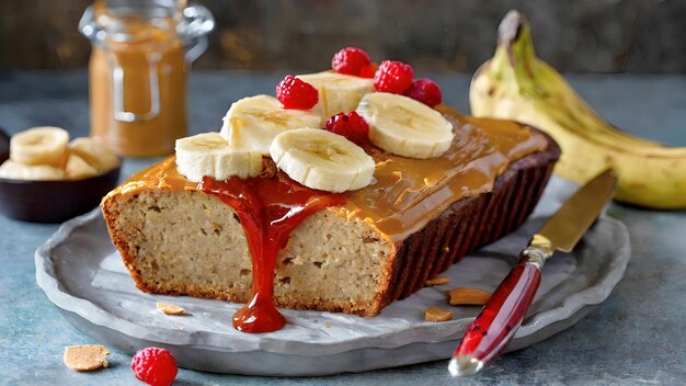 ciasto bananowe z bananem na nim i kawałkiem bananu na talerzu