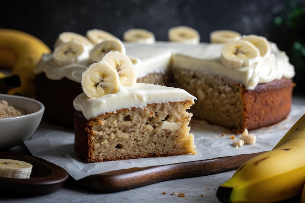 Zdjęcie ciasto bananowe z lukrem z serka śmietankowego i plastrami świeżego banana na wierzchu