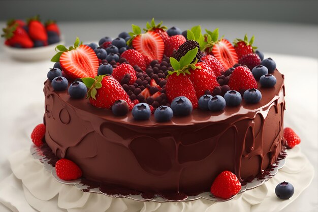 ciasto czekoladowe ozdobione owocami leśnymi jagodami truskawkami i jeżynami