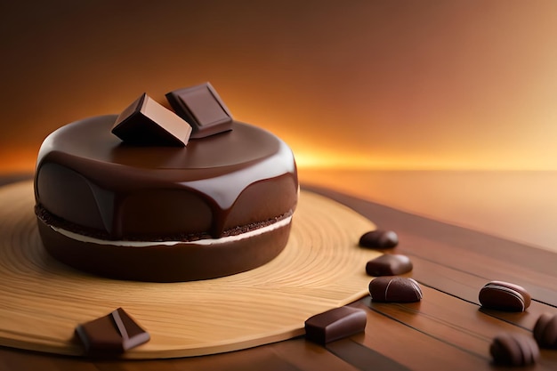 Ciasto czekoladowe z czekoladą na wierzchu i kilkoma kawałkami czekolady na boku.