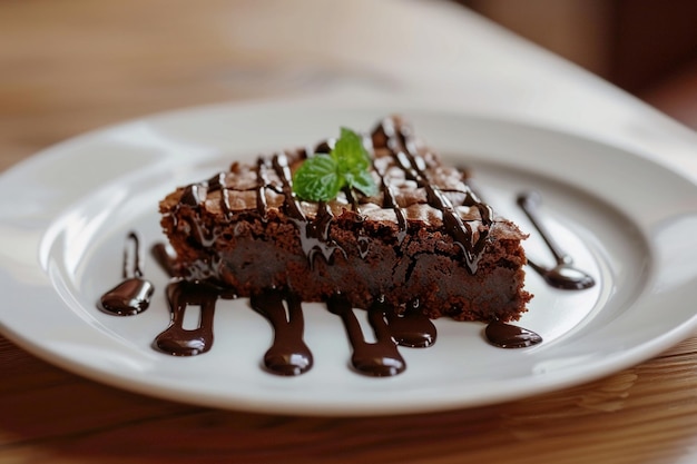 Ciasto czekoladowe z glazurą czekoladową na białym talerzu