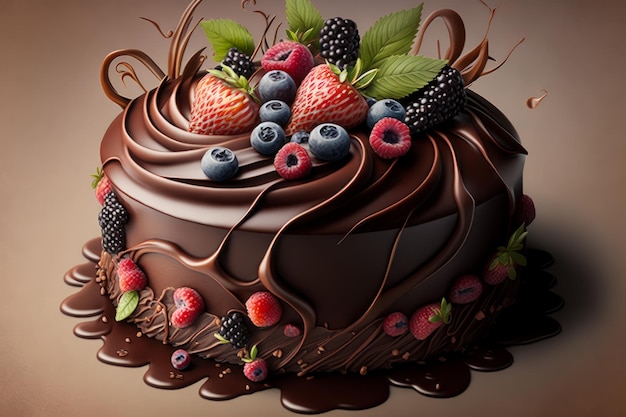 Ciasto czekoladowe z jagodami i polewą czekoladową Generative AI