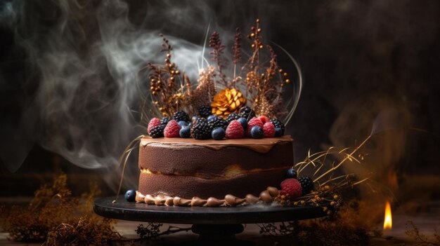 Ciasto czekoladowe z jagodami na wierzchu Obraz Generative AI