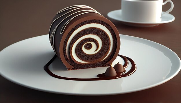 Zdjęcie ciasto czekoladowe z polewą czekoladową i filiżanką kawy w tle.