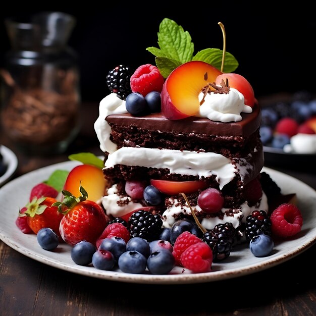 Zdjęcie ciasto czekoladowe z śmietaną i owocami