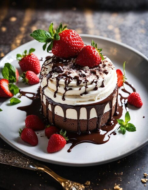 Ciasto czekoladowe z śmietaną i świeżymi owocami na ciemnym tle