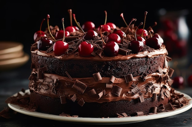 Ciasto czekoladowe z wiśniami na wierzchu i wiórkami czekoladowymi na wierzchu.