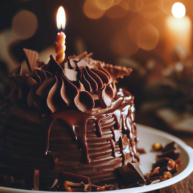 Ciasto czekoladowe ze świecą na nim