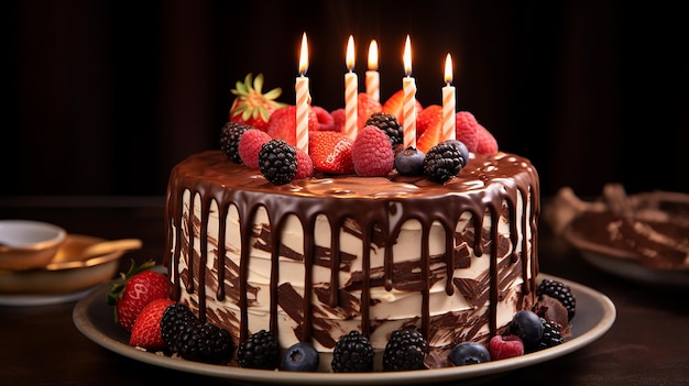 ciasto czekoladowe ze świeczkami i jagodami