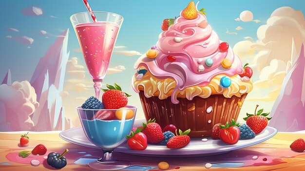 ciasto i filiżanka smoothie z jagód Koncepcja fantasy Ilustracja malarstwa