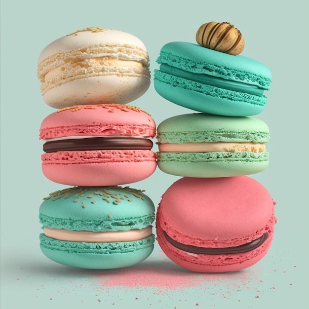 Ciasto macaron lub stos makaroników na turkusowym tle kolorowe ciasteczka miętowe i różowe migdały w pastelowych kolorach