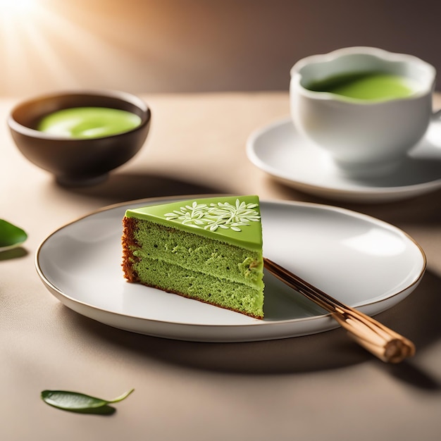 Zdjęcie ciasto matcha w plasterkach z serem śmietankowym i proszkiem matcha