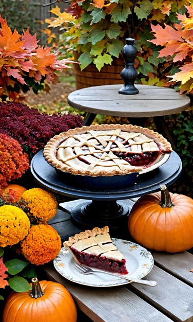 Zdjęcie ciasto na święto dziękczynienia na ławce w ogrodzie otoczonym jesiennymi krzewami.