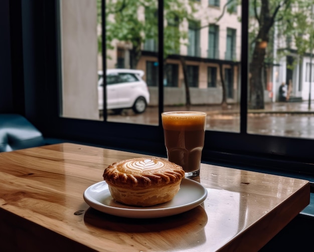 Ciasto na talerzu obok szklanki soku pomarańczowego