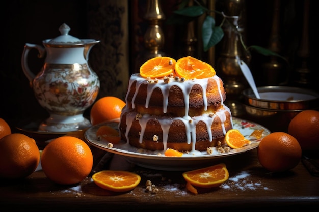Ciasto pomarańczowe z mandarynkami i kremem z cukru pudru na górze Ilustracja generatywna AI
