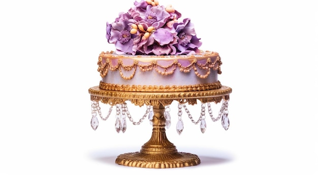 Ciasto ślubne ozdobione fioletowymi kwiatami na złotym stojaku