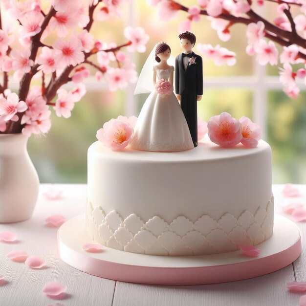 Ciasto ślubne z figurką panny młodej i panem młodym na szczycie ustawione na tle różowych kwiatów