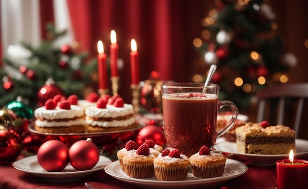 Ciasto świąteczne z jagodami i filiżanką kawy na tle choinki