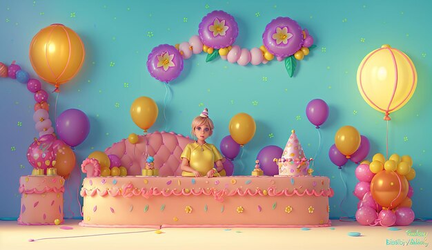Ciasto urodzinowe z balonami i kwiatami.