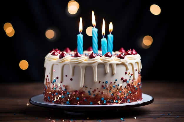 Ciasto urodzinowe z kolorowymi świecami na niebieskim tle