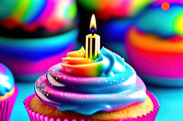 ciasto urodzinowe z świecami w bliskiej odległości Niebieski glazur z tęczą kolorowych wypieków