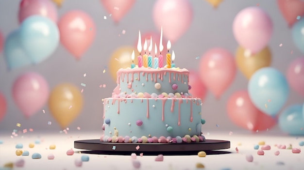 Ciasto urodzinowe ze świecami na tle balonów Kolory pastelowe Generatywna sztuczna inteligencja