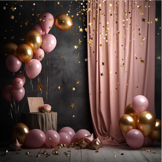 Ciasto urodzinowe ze złotymi i różowymi balonami i konfetti na drewnianej podłodze
