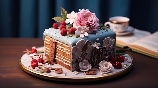 ciasto w formie książki z historią miłosną ozdobione kolorowymi osobistymi szczegółami wysokiej jakości ilustracją