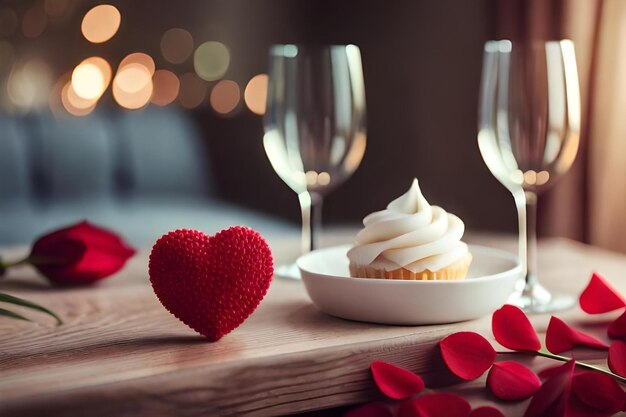 Ciasto w kształcie serca i talerz z sercami z czerwonym sercem na stole.