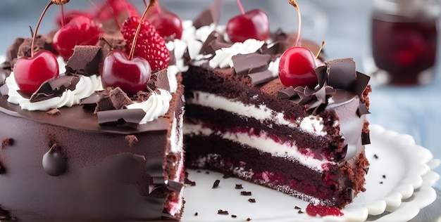 Ciasto z Czarnego Lasu Pyszny ciasto z czekoladową gąbką Black Forest Gateaux zawiera wiśnie