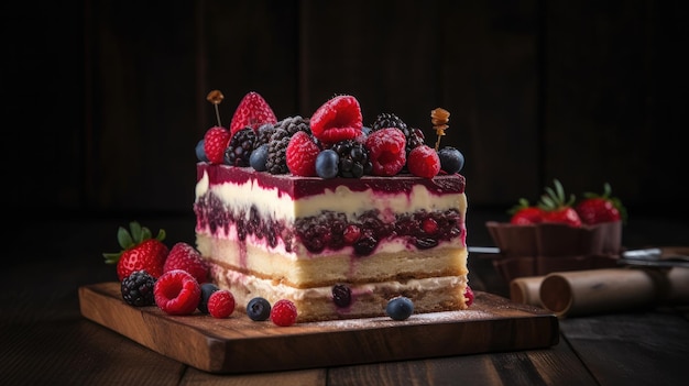 Ciasto z czerwono-białą warstwą i jagodami na wierzchu