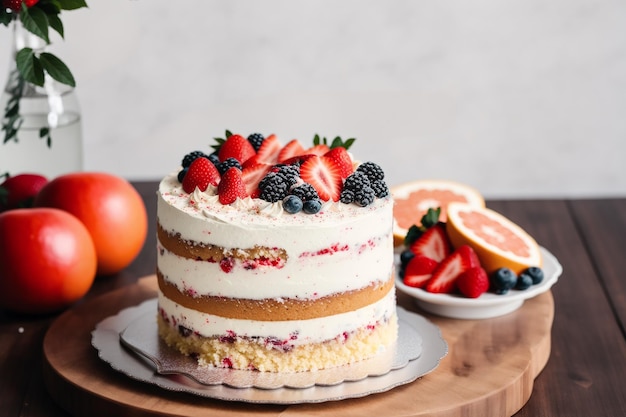 Ciasto z kawałkiem ciasta na drewnianej desce z miską świeżych owoców z boku.
