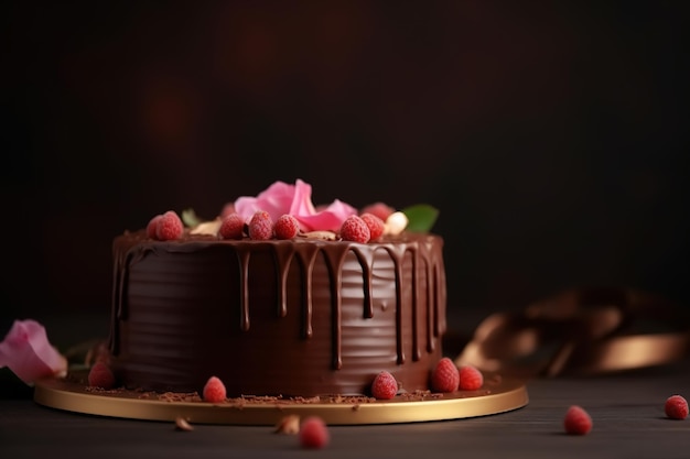 Ciasto z malinami pokryte czekoladą pyszny świeżo upieczony deser zbliżenie Generative AI