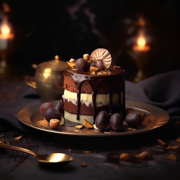 Ciasto z musem czekoladowym z orzechami laskowymi i kawałkami czekolady na ciemnym tle