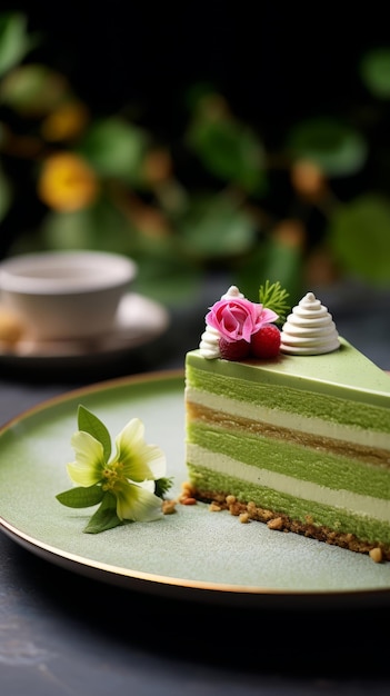 Ciasto z musem z zielonej herbaty ze świeżymi jagodami i bitą śmietaną