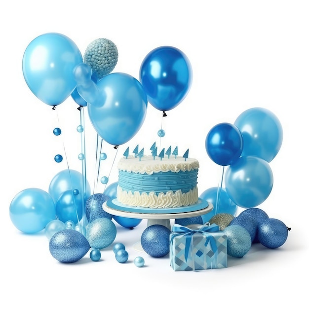 Ciasto z niebieskimi balonami i ciasto z ciastem na nim.