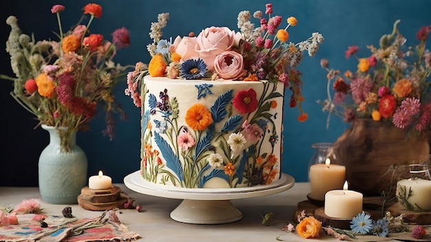 Ciasto z pięknym kwiatowym projektem ciasta projektowania ciasta urodzinowego wybielanie ciasta kwiatowego generatywna sztuczna inteligencja