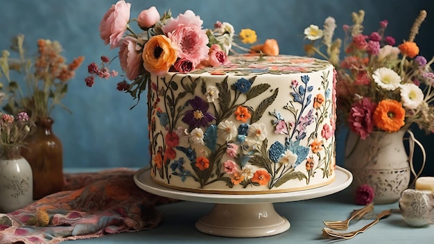 Ciasto z pięknym kwiatowym projektem ciasta projektowania ciasta urodzinowego wybielanie ciasta kwiatowego generatywna sztuczna inteligencja